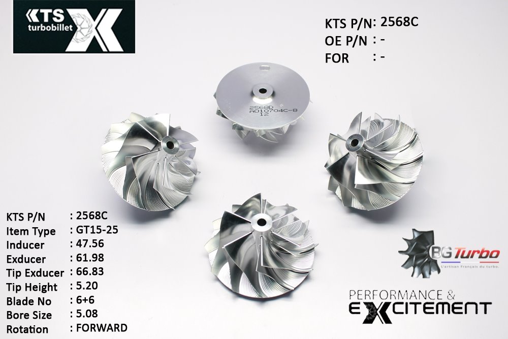 Turbo ROUE FORGÉE MFS PERFORMANCE - 6+6 PALES - INDUCER : 47,56 - EXDUCER : 61,98 - TYPE : GT15-25
ANGLE : 65° - ROTATION : Forward - SUPER BACK : 2,67 - BORE SIZE : 5,08
